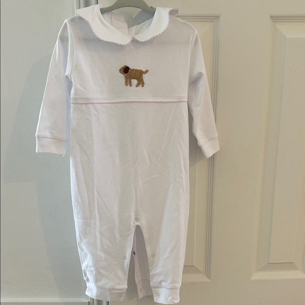 Little English White Footie with Embroidered Dog